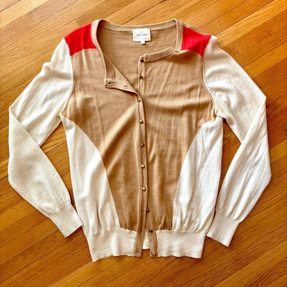 Sezane Virgin Wool Colorblock Cardigan Tan Cream Red L Quiet Luxury Chic Stretch